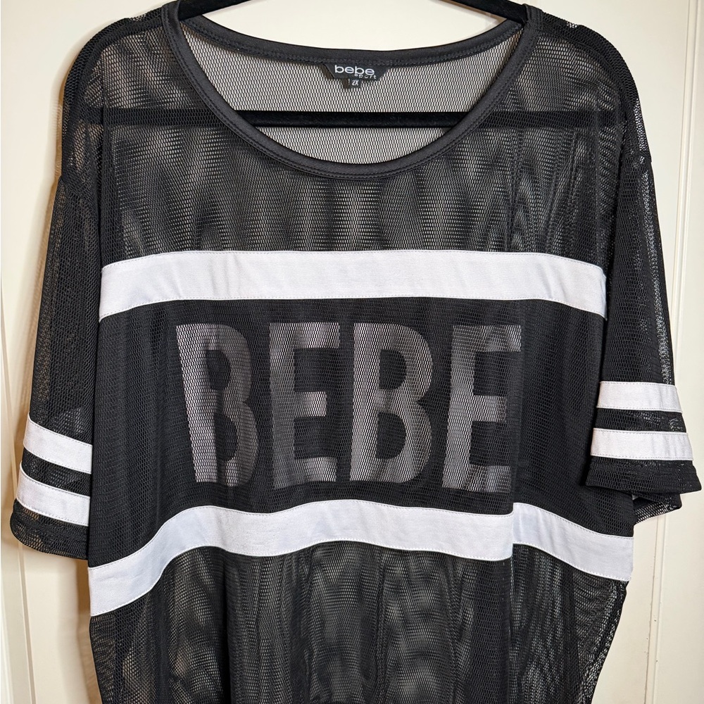 VINTAGE Bebe Sport Black Mesh Logo Crop Top | Y2K Striped Jersey Size 2X